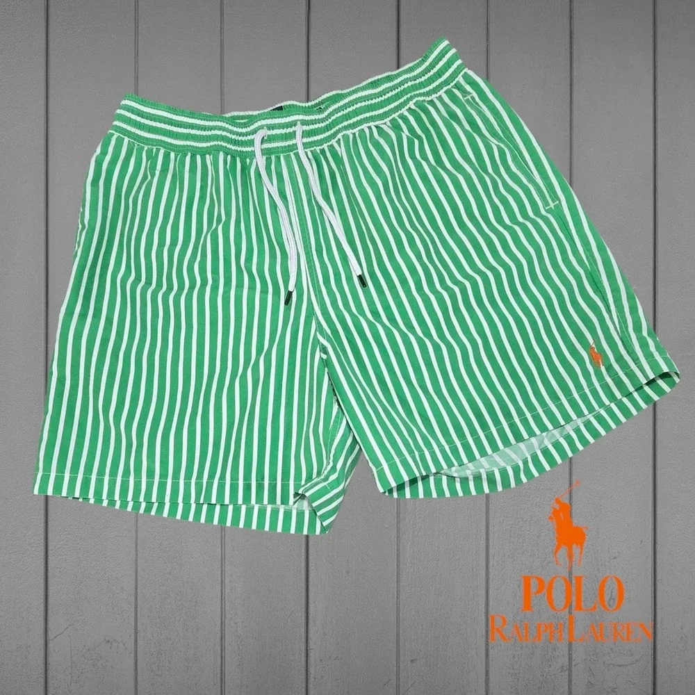 VTG Polo Ralph Lauren Mens‎ Traveler Striped Swim Trunks Green & White XL